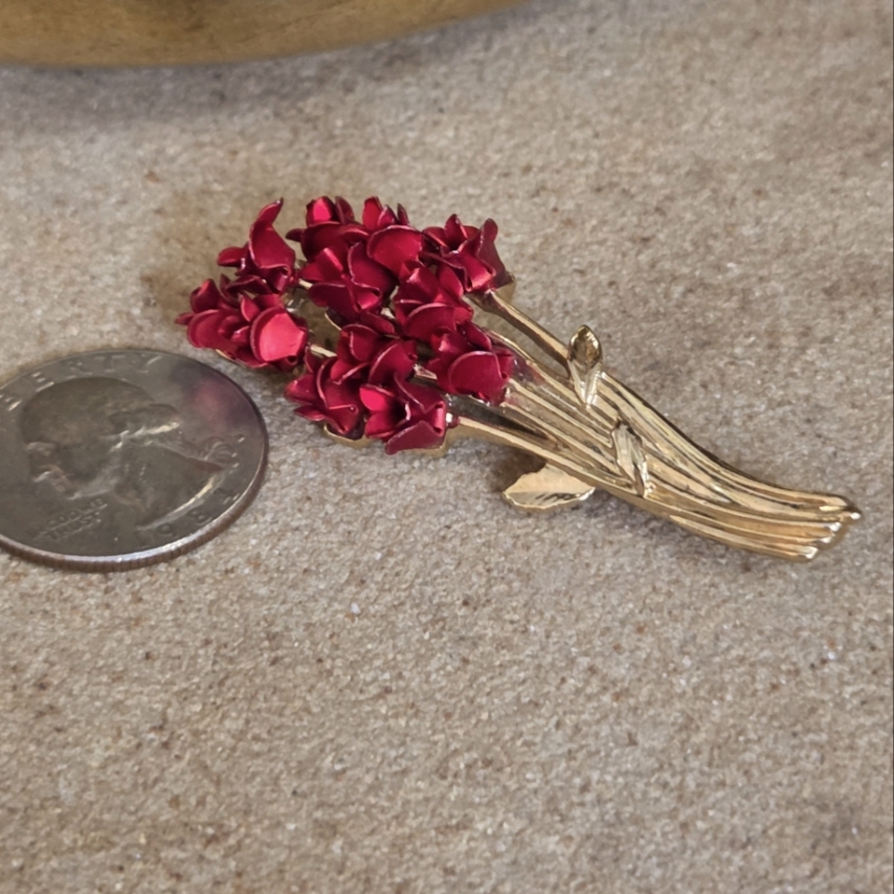 Vintage Rose Bouquet Gold and Red Brooch